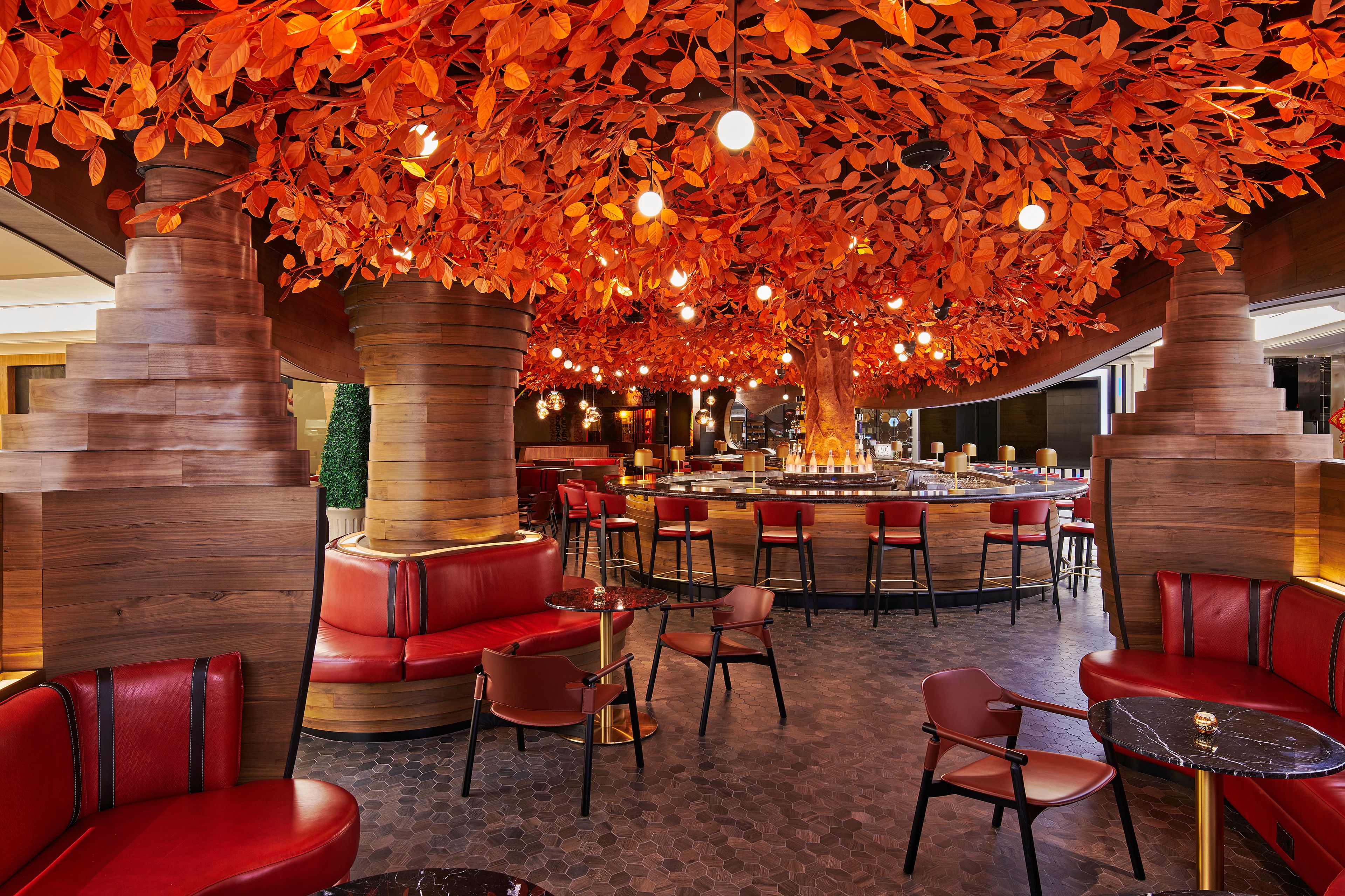 SUSHISAMBA Las Vegas TREE BAR interior with orange canopy ceiling
