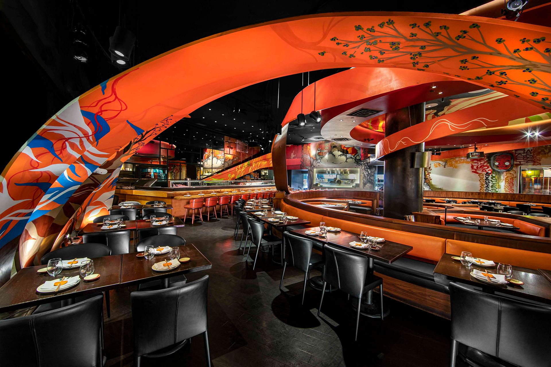 SUSHISAMBA Las Vegas dinning room with sculptural orange ribbons in the background